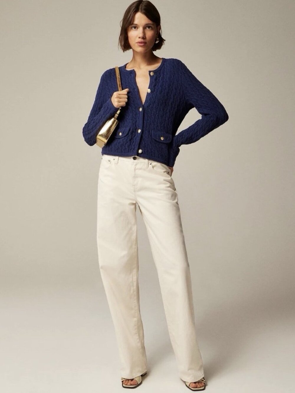 J.Crew Odette Cable Knit Sweater Lady Jacket In Mediterranean Navy, Size Medium
